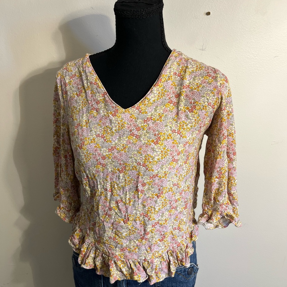 Rachel Zoe Floral Ruffle Hem V-Neck Top - Pink & Yellow